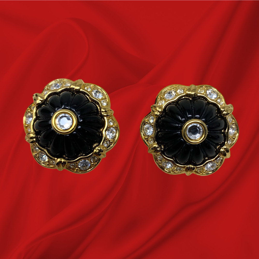 Vtg 90’s Joan Rivers Earrings Clip On Goldtone Black Crystal Flower Statement